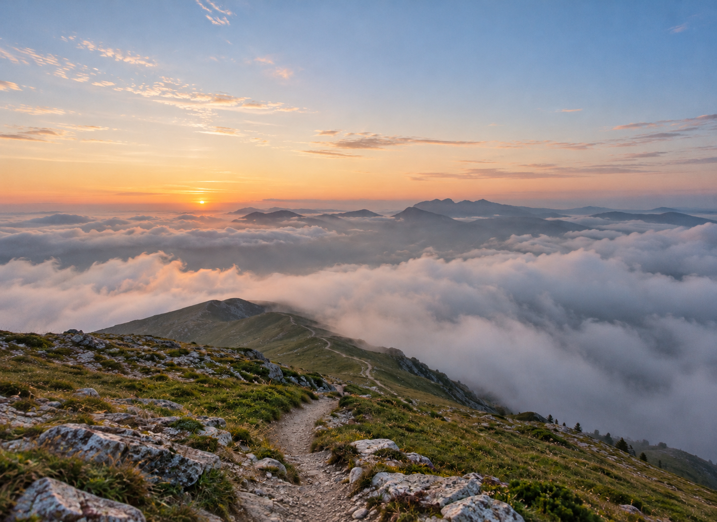 Trilha de montanha acima de um mar de nuvens ao amanhecer